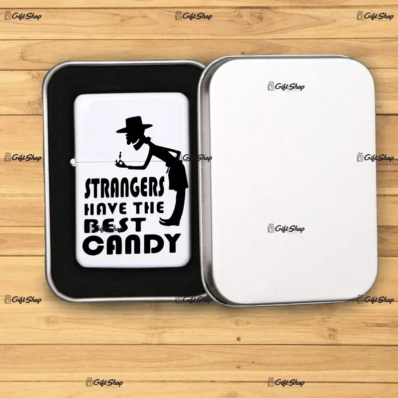 Strangers have the best candy, bricheta metalica gravata laser cu mesaj